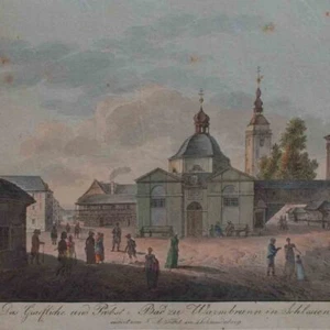 Friedrich August Tittel baño en Warmbrunn Silesia vista original grabado siglo XIX - Imagen 1 de 4