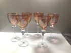 Set old Six Etched Grapes Cranberry Pink Glass Wine Glasses Clear Stem With Ball