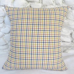 Cushion Cover, Check, Cream, Blue, Red, Yellow, 19", Cotton / Wool Blend. - Picture 1 of 12