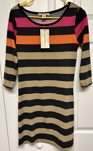 DEREK HEART Black Tan Pink Stripe 3/4 Sleeve Knit Sweater Dress Jrs Medium NWT - Picture 1 of 4