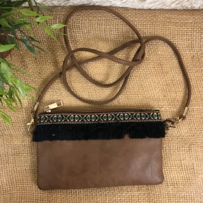 Womens Crossbody Bag Brown Geometric Fringe Zip Detachable Strap S Boho Western - Image 1 of 4