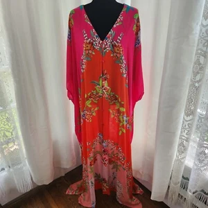 Johnny Was NANYA V NECK MAXI KAFTAN Dress Womens L/XL Floral Orange Red New Boho - Picture 1 of 13