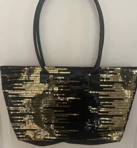 VENUS BLACK & GOLD sequin Patent Leather Satin Tote Purse NEW - Picture 1 of 11