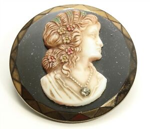 Vintage Art Deco Ornate Hand Painted Celluloid Cameo on Glass Brooch Pin