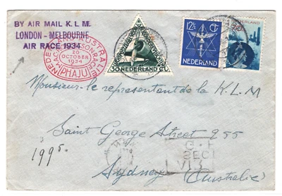 NETHERLANDS/AUSTRALIA *AIR RACE* Cachet 1934 KLM LONDON-MELBOURNE Air Mail MA292 - Image 1 of 4