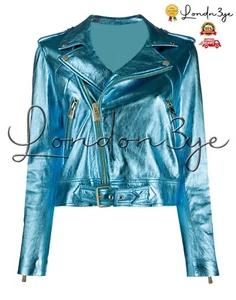 Women Metallic Blue Motorcycle Jacket Women's Real Leather Biker Jacket - Picture 1 of 8
