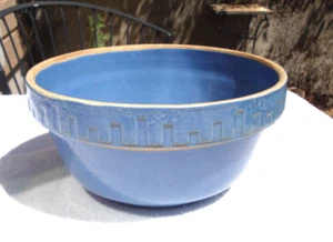 Ciotola di miscelazione ceramica crock recinzione picchetto blu vintage 9" USA gres fattoria - Foto 1 di 7