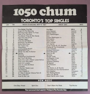 1050 Chum Toronto's Top Singles Music Chart - Week of May 9, 1981 Issue 1247 - Picture 1 of 2