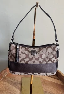 Coach Signature Stripe Demi Mini Shoulder Bag – Canvas & Brown Patent Leather - Picture 1 of 18