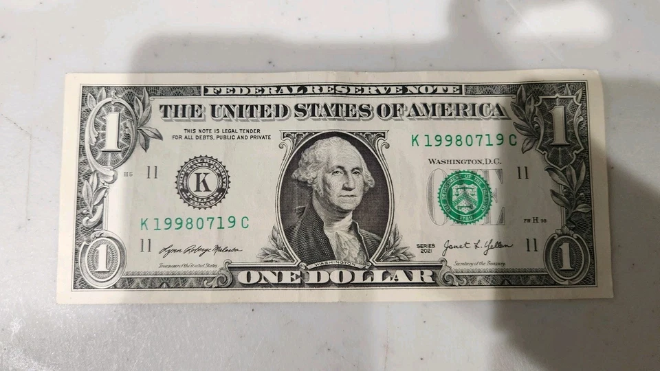 (1998 July, 19) Birthday/Anniversary Note $1 One Dollar Bill Fancy Serial Number - Image 1 of 2