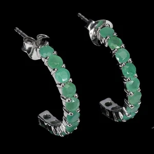 925 Sterling Silver Earrings Round Emerald 4mm Natural Gemstone Jewelry - Picture 1 of 13