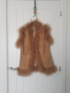 Vintage 1990's Real Suede Tan Brown Afghan Gilet Mongolian Fur Trim Size S - Picture 1 of 5