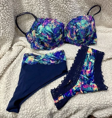 Victoria Secret Colorido Conjunto de Sujetador y Panty con Ribete de Encaje 36D/L Foto 1 de 4