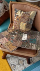 Handmade HD Buttercup Embroidered Patchwork Pillow Cover - Brown 16x16 - Picture 1 of 4