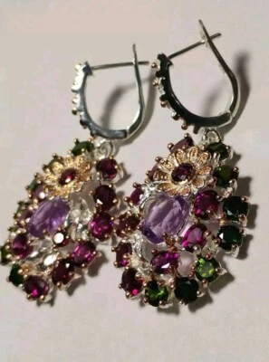 Rose The France Amethyst,Rhodolite,Diopside dangle Earrings 925 Sterling Gold... - Image 1 of 4