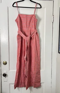 J.Crew Tie-Waist Linen Jumpsuit-Orange Gingham-Size 6-NWOT-Belt-Wide Leg-Pockets - Picture 1 of 7