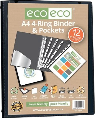 eco eco A4 Presentation Ring Binder 12 Multi Punched Pockets 65% Recycled Black - Image 1 of 3
