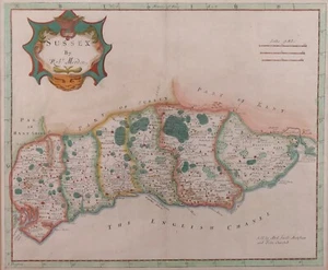 Original Robert Morden hand tinted map of Sussex. 1722 - Picture 1 of 9