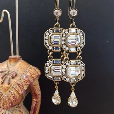 Michal Negrin Earrings Cocktail Statement Clear White Crystals Deco Runway Royal - Image 1 of 4