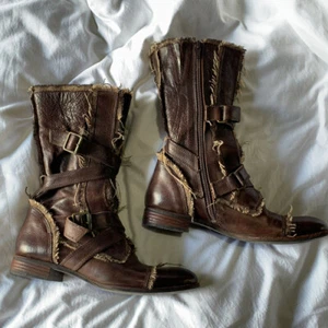 Women vintage Mid Calf Western Cowboy Boots Low Heels Buckle Straps Biker Boots - Picture 1 of 7