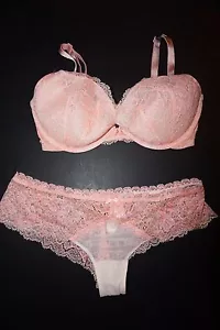 Victoria's Secret padded demi gel cups bra 32DD cheeky sz S peach white lace NWT - Picture 1 of 9