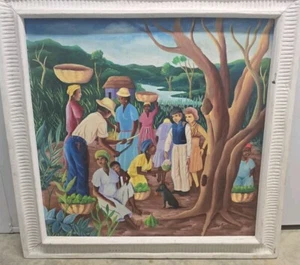 HAITIAN ART PAINTING PIERRE AUGUSTIN LISTED ARTIST FOLK ART VILLAGE SCENE - Picture 1 of 12