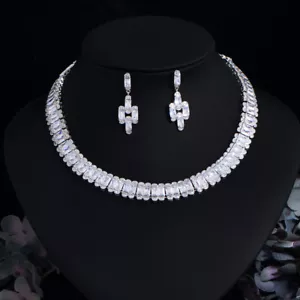 White Gold Plated CZ Long Rectangle Costume Necklace Earrings Bridal Jewelry Set - Picture 1 of 9