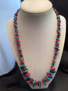 Handmade Sterling Silver Turquoise Coral And Lapis Lazuli Chip Beaded Necklace - Picture 1 of 10