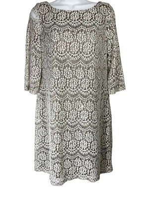 Jessica Howard Dress Womens 10P Tan White Lace Sequin Shift 3/4 Sleeve Cocktail - Image 1 of 4