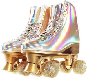 JajaHoho Gold Holographic High-Top PU Leather Roller-skates, Size 10 - Picture 1 of 9