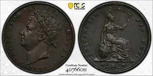 G. B.- BEAUTIFUL HISTORICAL GEORGE IV COPPER FARTHING, 1828, PCGS GRADED AU 50 - Picture 1 of 2
