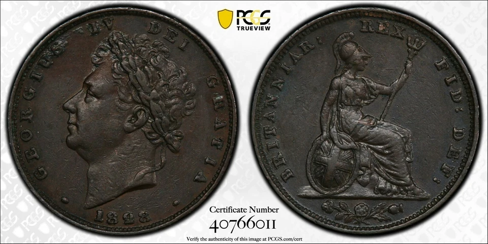 G. B.- BEAUTIFUL HISTORICAL GEORGE IV COPPER FARTHING, 1828, PCGS GRADED AU 50 - Image 1 of 2