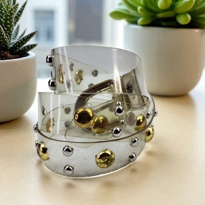 Vintage Clear Plastic Two Tone Studded Belt Metal Buckle 1990’s Retro Fits 28" - Image 1 of 4