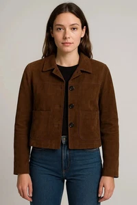 Damen 100% echtes Wildleder braun cropped Freizeit Lederjacke - Bild 1 von 10