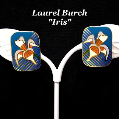Vintage Laurel Burch "Iris" Clip On Earrings, Gold Plated Cloisonné Enamel, 1980 - Image 1 of 4