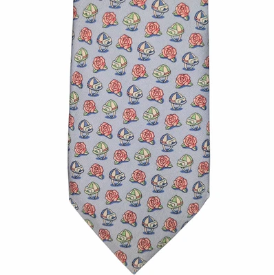 Corbata de seda VINEYARD VINES para Derby de Kentucky - azul claro con rosas y gorras de jockey - en muy buen estado Foto 1 de 4