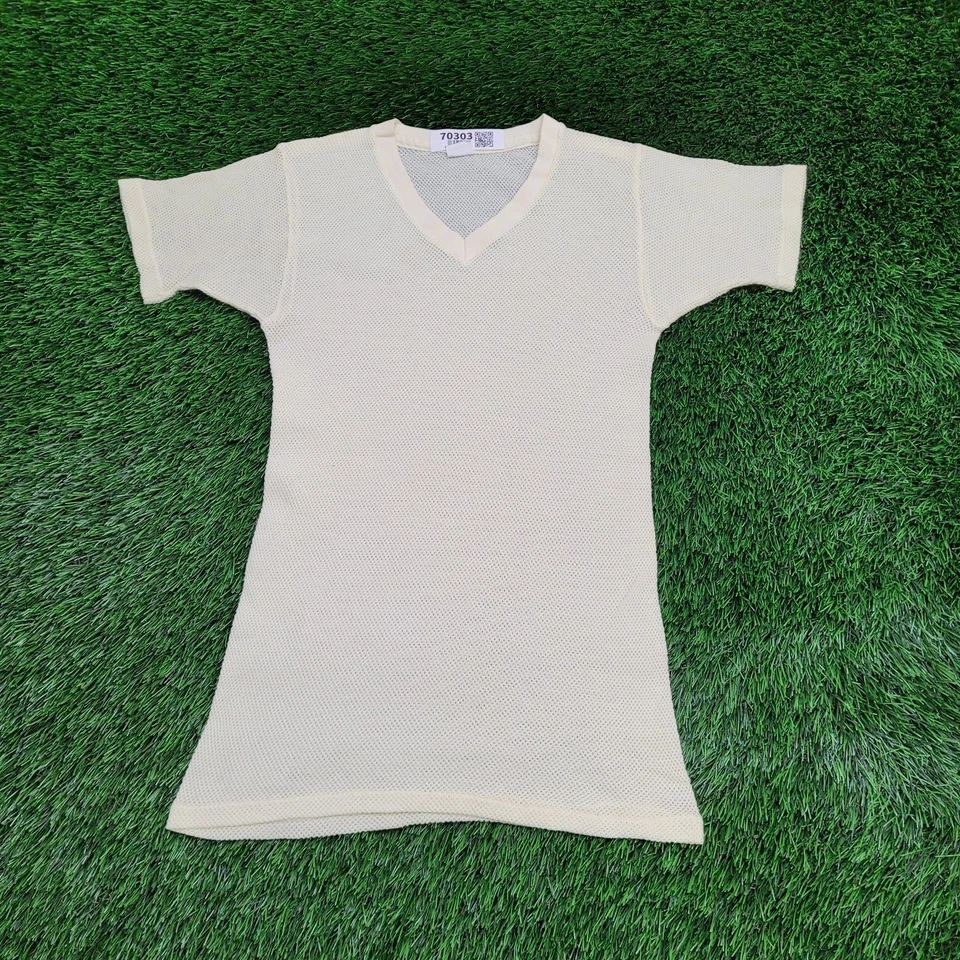 Camisa Jockey Malla Vintage Años 70 2XS/XS 14x27 Beige Hecha en EE. UU. Foto 1 de 4