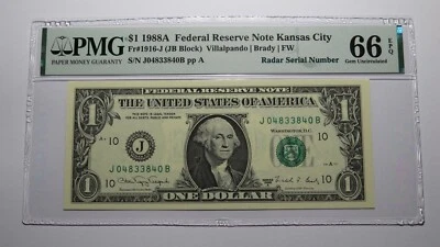$1 1988 Radar Serial Number Federal Reserve Currency Bank Note Bill PMG UNC66EPQ - Image 1 of 3