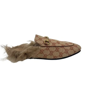 Gucci Princetown Fur-lined Mules Horsebit GG Monogram Natural Women Size 39.5 - Picture 1 of 11