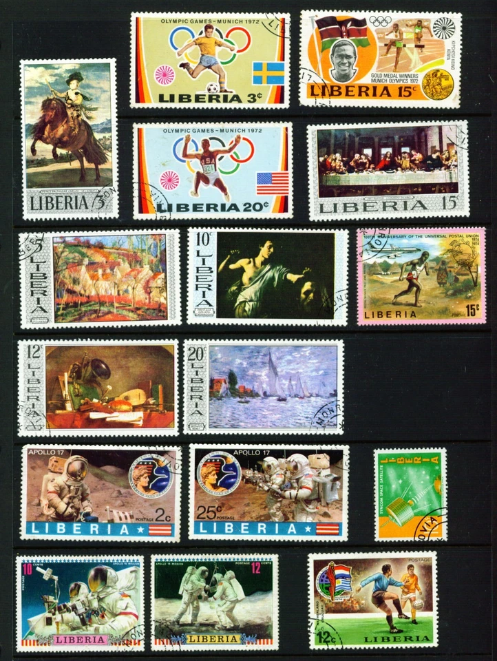 Liberia selección de 16 sellos usados, Espacio, Juegos Olímpicos y Fútbol. Foto 1 de 1