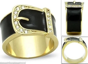 Gold Belt Buckle Crystal Ring Black Onyx Color SZ 6 - Picture 1 of 5