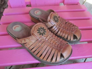 Earth Spirit Womens Tan Slide Slip On Slide Mule Sandal Size 6.5 Wood Wedge Heel - Picture 1 of 5