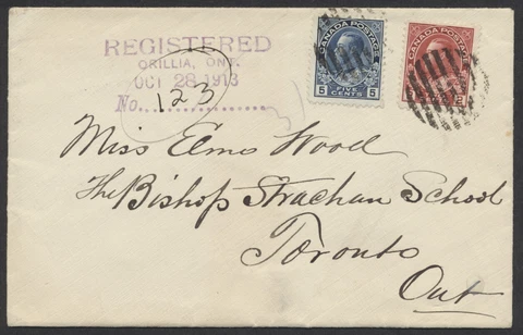 1913 Unusual Registered Orillia Datestamps On Cover to Toronto, Admirals Cover