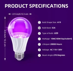 Litake LED Black Light Bulbs, A19 10W (100W Equivalent), E26 Base,UV Blacklig... - Picture 1 of 2