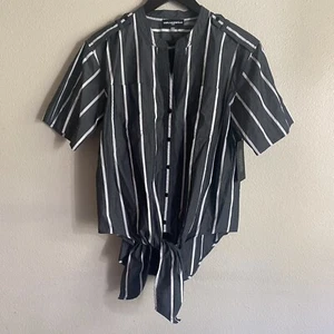 Karl LAGERFELD Womens Small Gray Striped Tie Front Button Up Short Sleeve Shirt - Picture 1 of 18