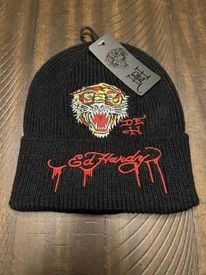 Ed Hardy Beanie Black Tiger Knitted Unisex Hat Embroidered NWT Size OSFM - Image 1 of 4