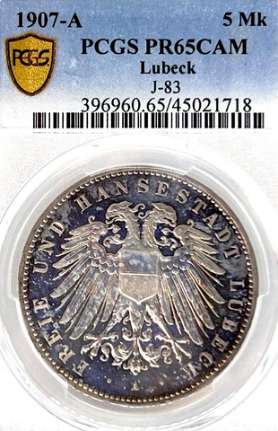 German States Lubeck 1907 5 Mark Coin Thaler Taler PCGS PR 65 CAMEO PP/PROOF UNC Cover