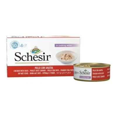 8005852753076 SCHESIR Hähnchenfilets mit Ente in Brühe – Nassfutter für Katzen – - Bild 1 von 3