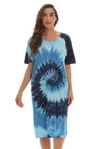 Womens 100% Cotton Short Sleeve Nightgown Sleep Dress 3X Plus Tie Dye Blue Swirl - Picture 1 of 3
