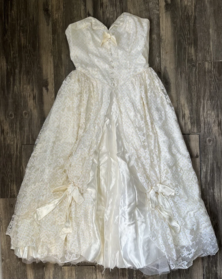 Vestido de formatura retrô verdadeiro vintage anos 80 flertes bolinhas renda namorada Kawaii P - Imagem 1 de 4